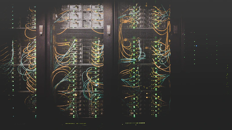 Sala de servidores com fileiras de racks iluminados em azul